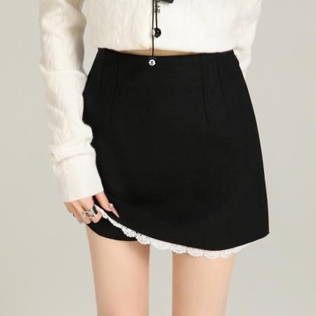 FA46126# 秋冬毛呢半身裙女新款冬季高腰显瘦包臀裙花边毛呢短裙a字裙 服裝批發女裝批發服飾貨源