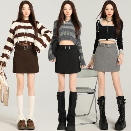 FA46128# 秋冬百搭灰色毛呢半身裙女新款高腰显瘦磨毛西装a字短裙配腰带 服裝批發女裝批發服飾貨源