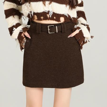 FA46128# 秋冬百搭灰色毛呢半身裙女新款高腰显瘦磨毛西装a字短裙配腰带 服裝批發女裝批發服飾貨源