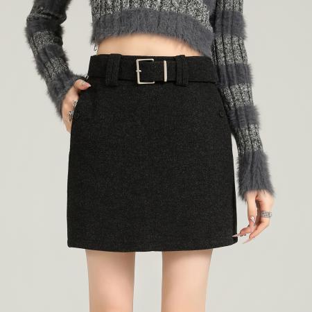 FA46128# 秋冬百搭灰色毛呢半身裙女新款高腰显瘦磨毛西装a字短裙配腰带 服裝批發女裝批發服飾貨源