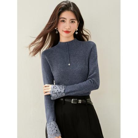 FA46131# ◆半高领女秋冬新款袖口拼接蕾丝纯色修身显瘦打底上衣 服裝批發女裝批發服飾貨源