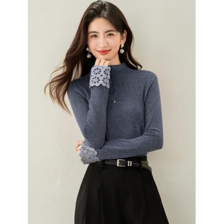 FA46131# ◆半高领女秋冬新款袖口拼接蕾丝纯色修身显瘦打底上衣 服裝批發女裝批發服飾貨源