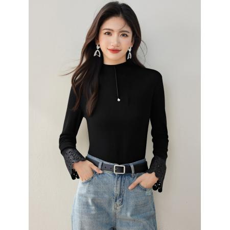 FA46131# ◆半高领女秋冬新款袖口拼接蕾丝纯色修身显瘦打底上衣 服裝批發女裝批發服飾貨源