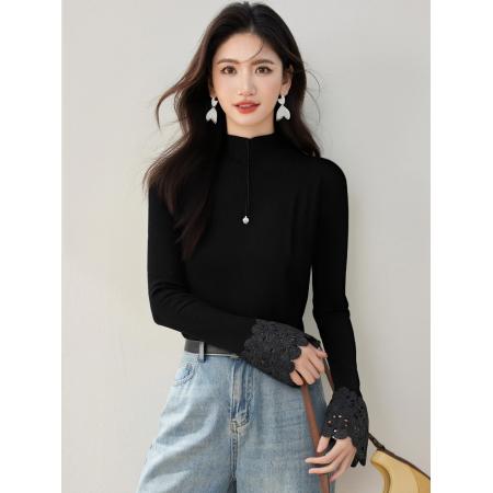 FA46131# ◆半高领女秋冬新款袖口拼接蕾丝纯色修身显瘦打底上衣 服裝批發女裝批發服飾貨源