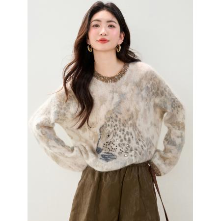 FA46132# ◆法式氛围感百搭显瘦豹纹针织衫女重工亮片钉珠印花毛衣 服裝批發女裝批發服飾貨源