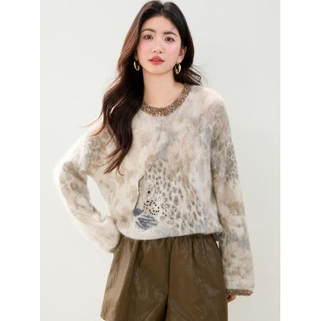 FA46132# ◆法式氛围感百搭显瘦豹纹针织衫女重工亮片钉珠印花毛衣 服裝批發女裝批發服飾貨源