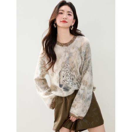 FA46132# ◆法式氛围感百搭显瘦豹纹针织衫女重工亮片钉珠印花毛衣 服裝批發女裝批發服飾貨源