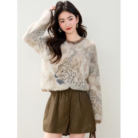 FA46132# ◆法式氛围感百搭显瘦豹纹针织衫女重工亮片钉珠印花毛衣 服裝批發女裝批發服飾貨源