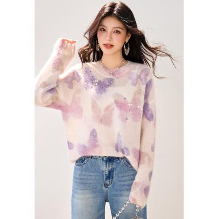 FA46133# ◆晕染蝴蝶提花钉珠慵懒风毛衣女秋冬新款温柔气质针织衫 服裝批發女裝批發服飾貨源