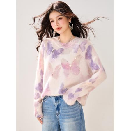 FA46133# ◆晕染蝴蝶提花钉珠慵懒风毛衣女秋冬新款温柔气质针织衫 服裝批發女裝批發服飾貨源