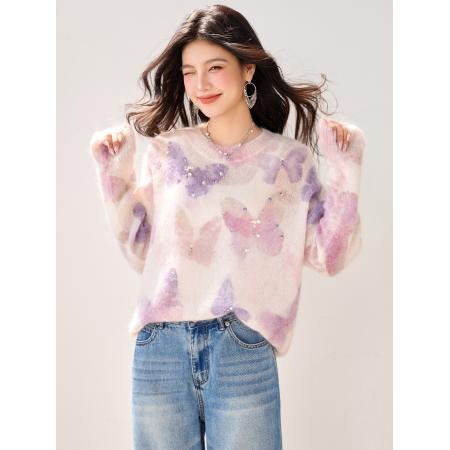 FA46133# ◆晕染蝴蝶提花钉珠慵懒风毛衣女秋冬新款温柔气质针织衫 服裝批發女裝批發服飾貨源