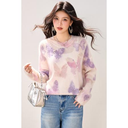 FA46133# ◆晕染蝴蝶提花钉珠慵懒风毛衣女秋冬新款温柔气质针织衫 服裝批發女裝批發服飾貨源