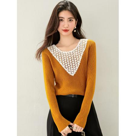 FA46134# ◆法式V领手工编织镂空针织衫女秋新款显瘦内搭打底上衣 服裝批發女裝批發服飾貨源
