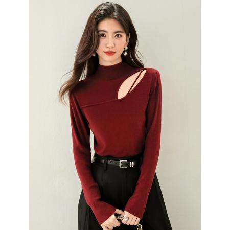 FA46135# ◆露肩设计感镂空长袖针织衫秋冬新款修身显瘦打底上衣 服裝批發女裝批發服飾貨源