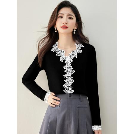 FA46136# ◆韩系甜美蕾丝拼接V领针织衫女秋冬新款气质百搭上衣 服裝批發女裝批發服飾貨源