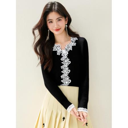 FA46136# ◆韩系甜美蕾丝拼接V领针织衫女秋冬新款气质百搭上衣 服裝批發女裝批發服飾貨源
