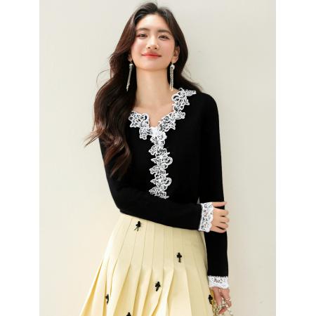 FA46136# ◆韩系甜美蕾丝拼接V领针织衫女秋冬新款气质百搭上衣 服裝批發女裝批發服飾貨源