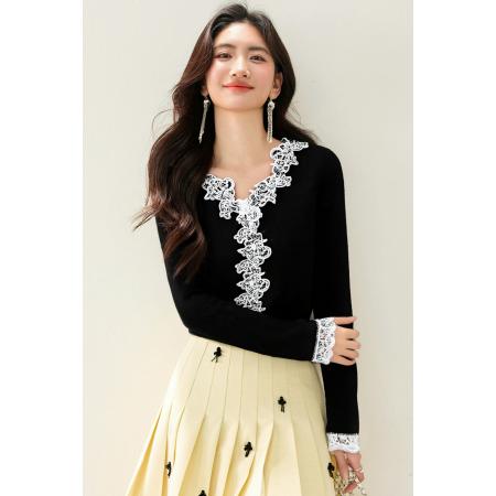 FA46136# ◆韩系甜美蕾丝拼接V领针织衫女秋冬新款气质百搭上衣 服裝批發女裝批發服飾貨源