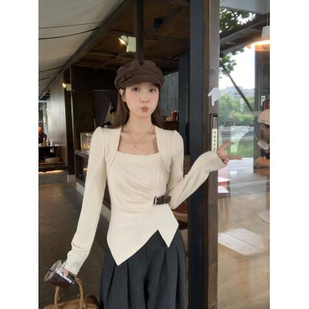 FA46137# 大码胖MM秋冬新款设计感方领不规则上衣收腰褶皱显瘦打底衫 服裝批發女裝批發服飾貨源