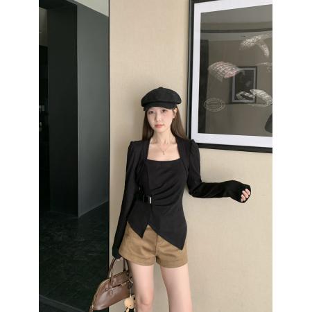 FA46137# 大码胖MM秋冬新款设计感方领不规则上衣收腰褶皱显瘦打底衫 服裝批發女裝批發服飾貨源