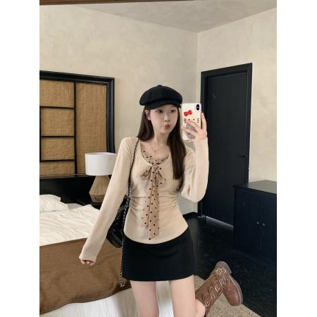 FA46138# 大码女装秋冬新款纯欲风波点飘带假两件上衣修身显瘦打底衫 服裝批發女裝批發服飾貨源