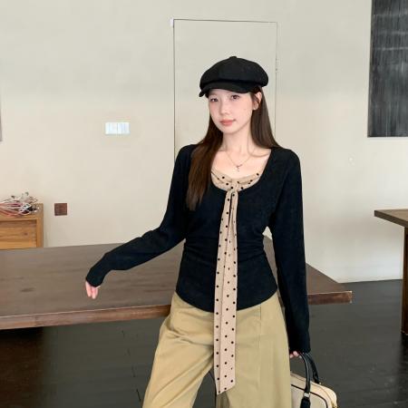 FA46138# 大码女装秋冬新款纯欲风波点飘带假两件上衣修身显瘦打底衫 服裝批發女裝批發服飾貨源