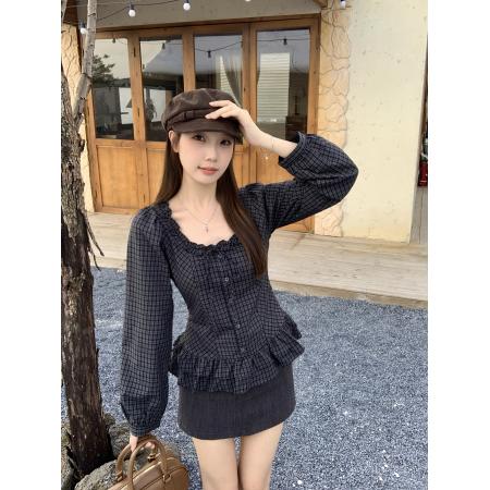 大码秋冬新款法式格子木耳边蝴蝶...