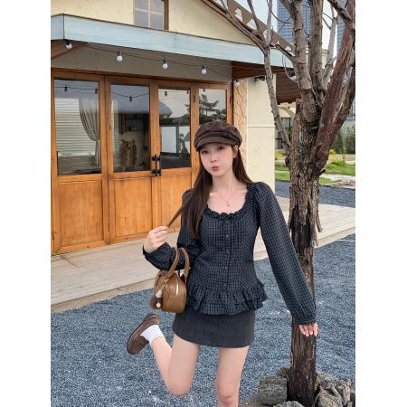 FA46139# 大码秋冬新款法式格子木耳边蝴蝶结衬衫百搭修身显瘦上衣 服裝批發女裝批發服飾貨源