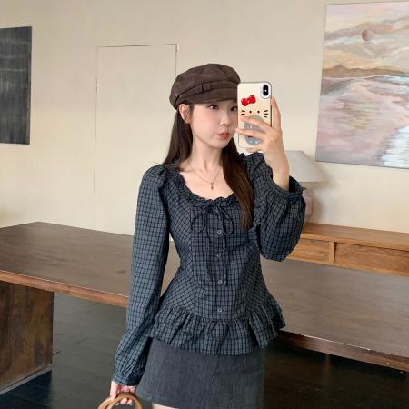 FA46139# 大码秋冬新款法式格子木耳边蝴蝶结衬衫百搭修身显瘦上衣 服裝批發女裝批發服飾貨源