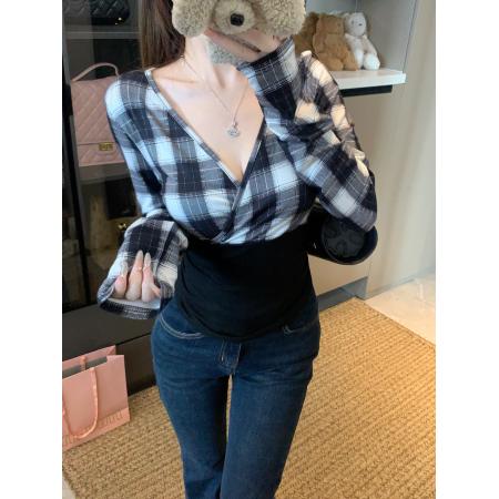 大码胖MM秋冬新款纯欲风格子拼...