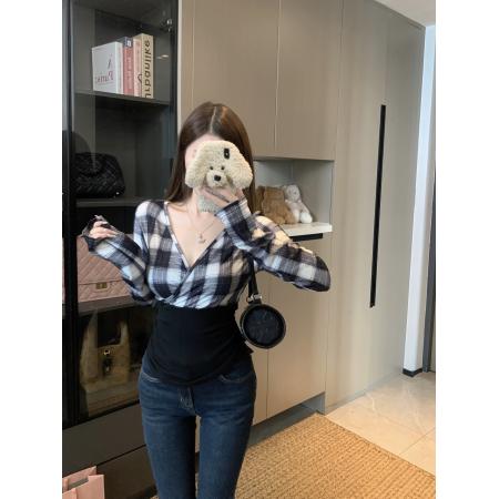 FA46140# 大码胖MM秋冬新款纯欲风格子拼接上衣百搭修身显瘦T恤 服裝批發女裝批發服飾貨源