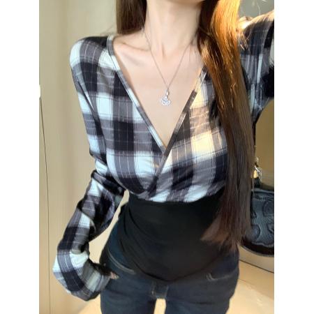 FA46140# 大码胖MM秋冬新款纯欲风格子拼接上衣百搭修身显瘦T恤 服裝批發女裝批發服飾貨源