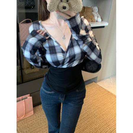 FA46140# 大码胖MM秋冬新款纯欲风格子拼接上衣百搭修身显瘦T恤 服裝批發女裝批發服飾貨源