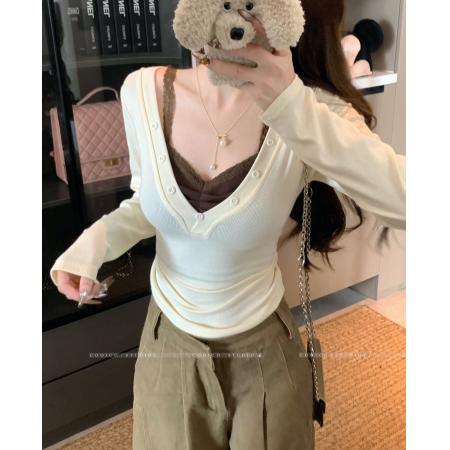 FA46141# 大码胖MM秋季新款纯欲风性感蕾丝拼接假两件上衣修身显瘦T恤 服裝批發女裝批發服飾貨源