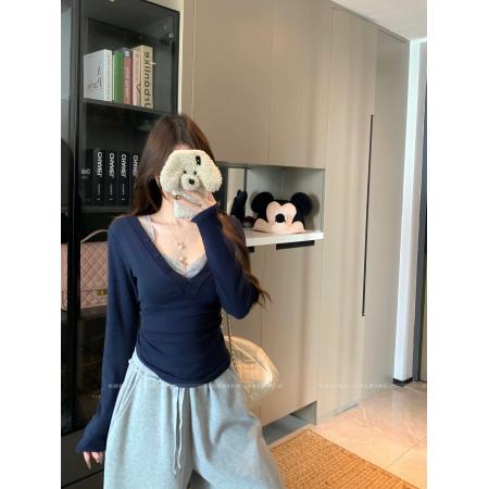 FA46141# 大码胖MM秋季新款纯欲风性感蕾丝拼接假两件上衣修身显瘦T恤 服裝批發女裝批發服飾貨源