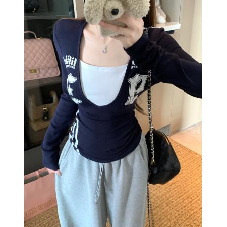 FA46142# 大码秋季新款美式辣妹风假两件印花拼接长袖修身显瘦打底衫 服裝批發女裝批發服飾貨源