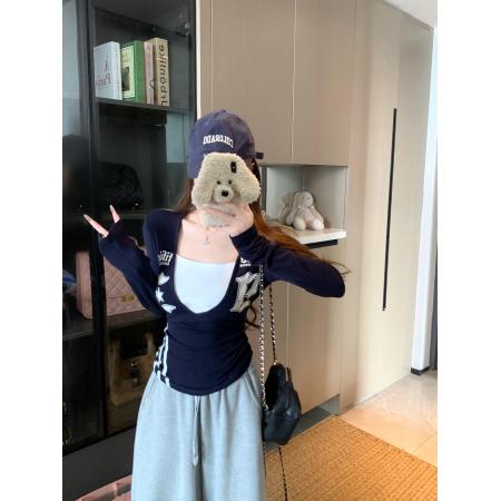 FA46142# 大码秋季新款美式辣妹风假两件印花拼接长袖修身显瘦打底衫 服裝批發女裝批發服飾貨源