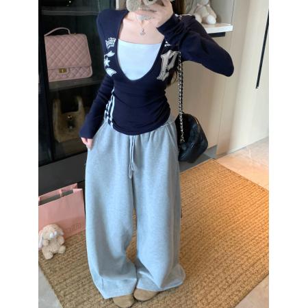 FA46142# 大码秋季新款美式辣妹风假两件印花拼接长袖修身显瘦打底衫 服裝批發女裝批發服飾貨源