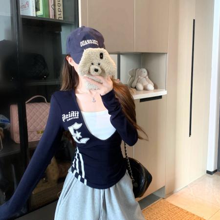 FA46142# 大码秋季新款美式辣妹风假两件印花拼接长袖修身显瘦打底衫 服裝批發女裝批發服飾貨源