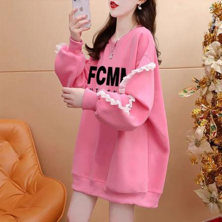 FA46146# 仿华棉复合银狐绒/后包领/全件压线加绒加厚拼接袖卫衣女 服裝批發女裝批發服飾貨源