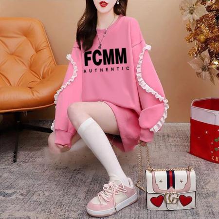 FA46146# 仿华棉复合银狐绒/后包领/全件压线加绒加厚拼接袖卫衣女 服裝批發女裝批發服飾貨源