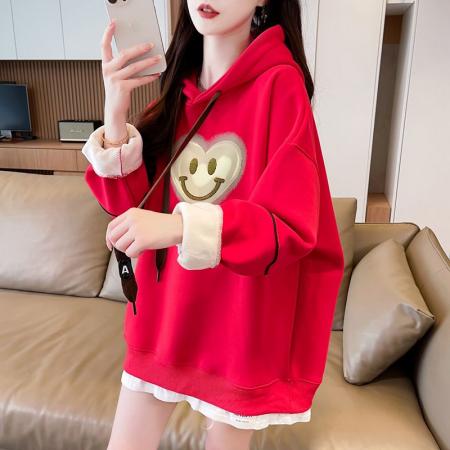 FA46149# 仿华棉复合银狐绒/后包领/假两件加绒连帽卫衣女 服裝批發女裝批發服飾貨源