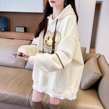 FA46149# 仿华棉复合银狐绒/后包领/假两件加绒连帽卫衣女 服裝批發女裝批發服飾貨源