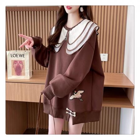 FA46150# 华棉复特大码300斤刺绣娃娃领中国风春秋季卫衣女 服裝批發女裝批發服飾貨源