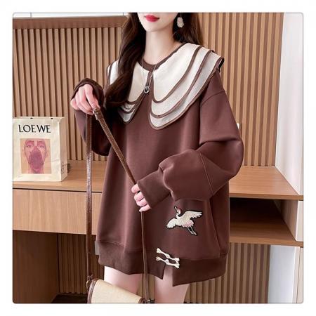 FA46150# 华棉复特大码300斤刺绣娃娃领中国风春秋季卫衣女 服裝批發女裝批發服飾貨源