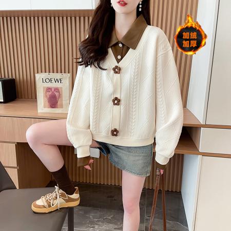 后包领加绒加厚提花复合韩版冬季长袖外套卫衣女设计感上衣 服裝批發女裝批發服飾貨源