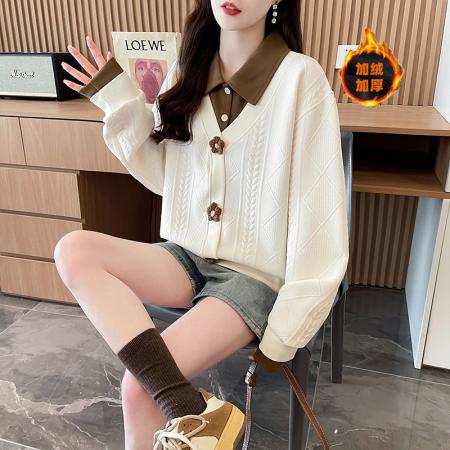 FA46151# 后包领加绒加厚提花复合韩版冬季长袖外套卫衣女设计感上衣 服裝批發女裝批發服飾貨源