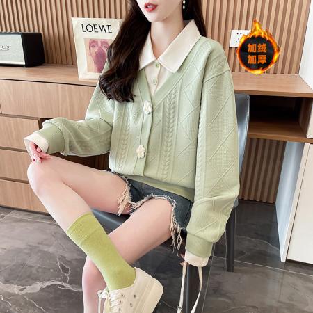 FA46151# 后包领加绒加厚提花复合韩版冬季长袖外套卫衣女设计感上衣 服裝批發女裝批發服飾貨源