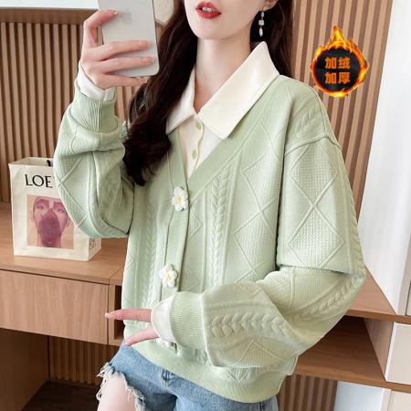 FA46151# 后包领加绒加厚提花复合韩版冬季长袖外套卫衣女设计感上衣 服裝批發女裝批發服飾貨源
