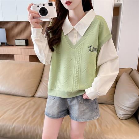 FA46152# 爆款提花秋冬季新品糖果色假两件高级设计感大码女装卫衣ins 服裝批發女裝批發服飾貨源